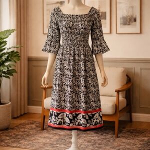 Sophia Max Black & White Floral Midi Dress with Red Hem